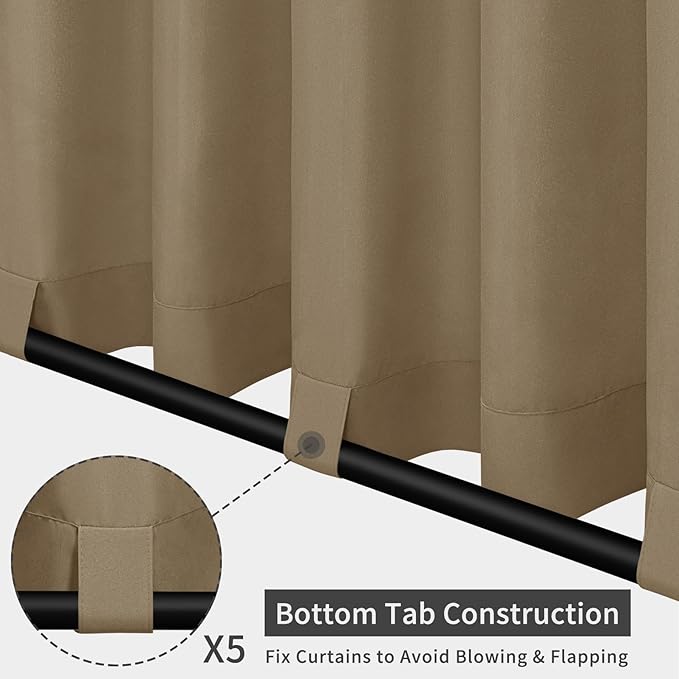 Easy-Going Outdoor Patio Curtains Detachable Tab Top Windproof Weatherproof Curtain for Cabana, Porch, Pergola and Gazebo, Tab Bottom Drape, 2 Panels, 110W x 96L inch, Khaki