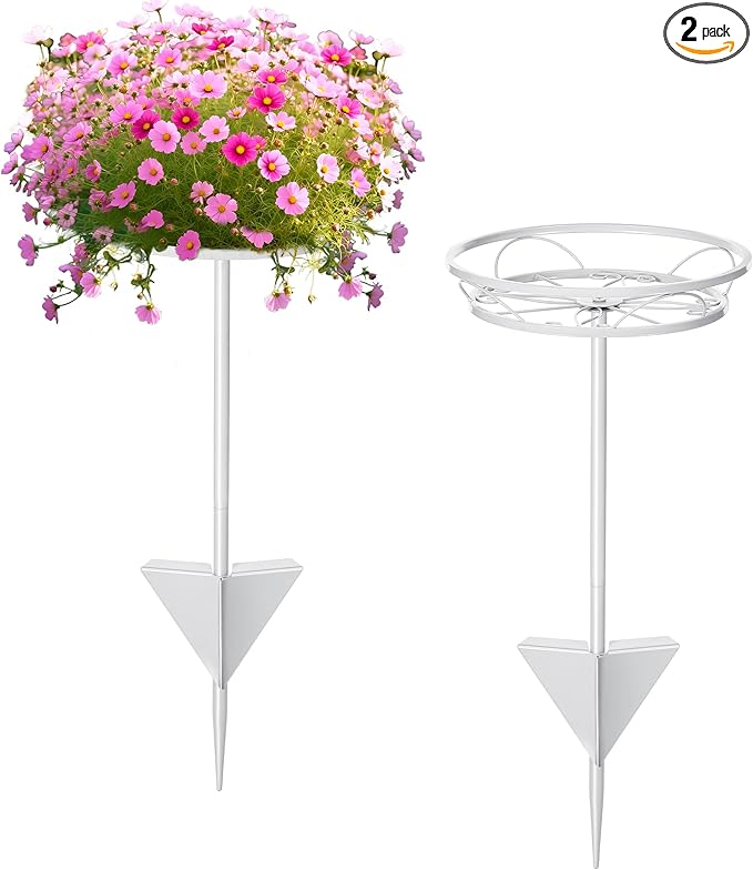 Tellingyou 2 Pack Adjustable Outdoor Flower Pot Stand, Metal Outdoor Plant Stands, Spring Summer Versatile Plant Stand Garden Stake for Display Plants, Elegant Solution for Landscaping Decor (White)