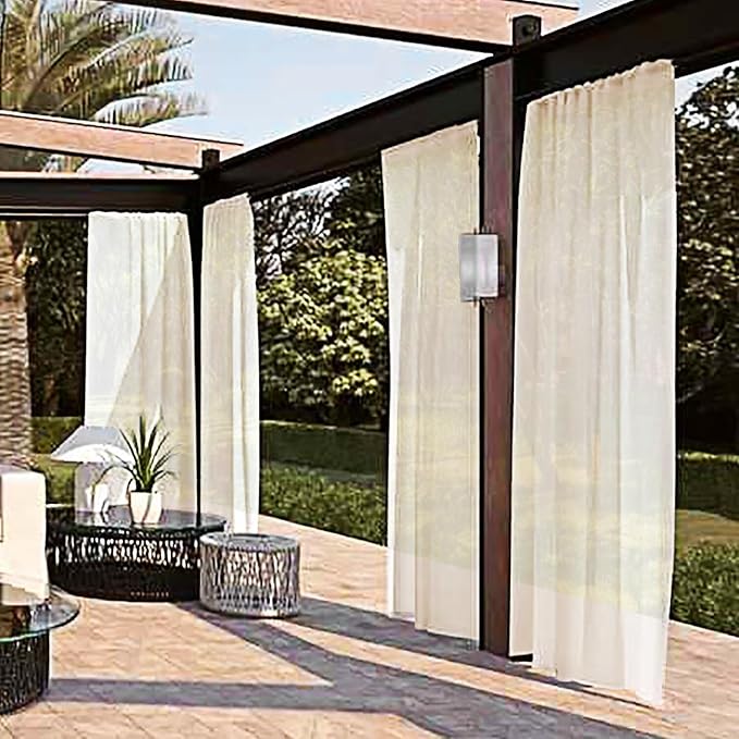 SpaceDresser Waterproof Outdoor Sheer Curtains for Patio - 2 Panels Rod Pocket Indoor Voile Sheer Curtain for Living Room,100W x 120L inch, Ivory