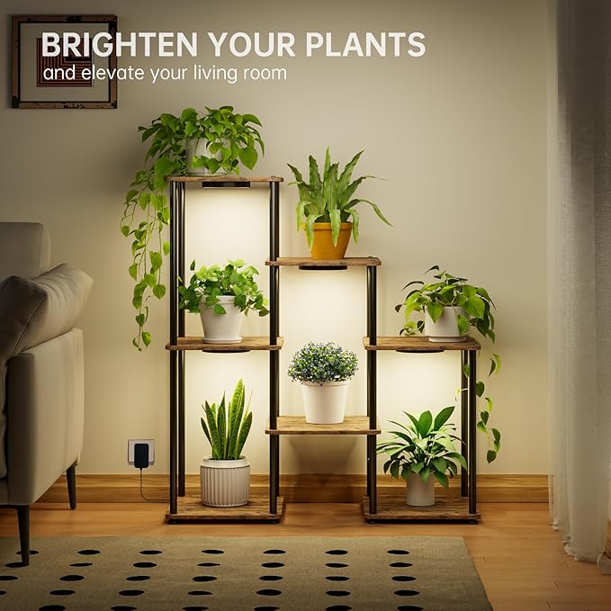 Bstrip Plant Stand Indoor with Grow Light, 33" High Indoor Plant Shelf, 7 Tier Flower Stand with Plant Light Full Spectrum, Metal Plant Holder with Light, laddered Plant Rack for Home, Corner