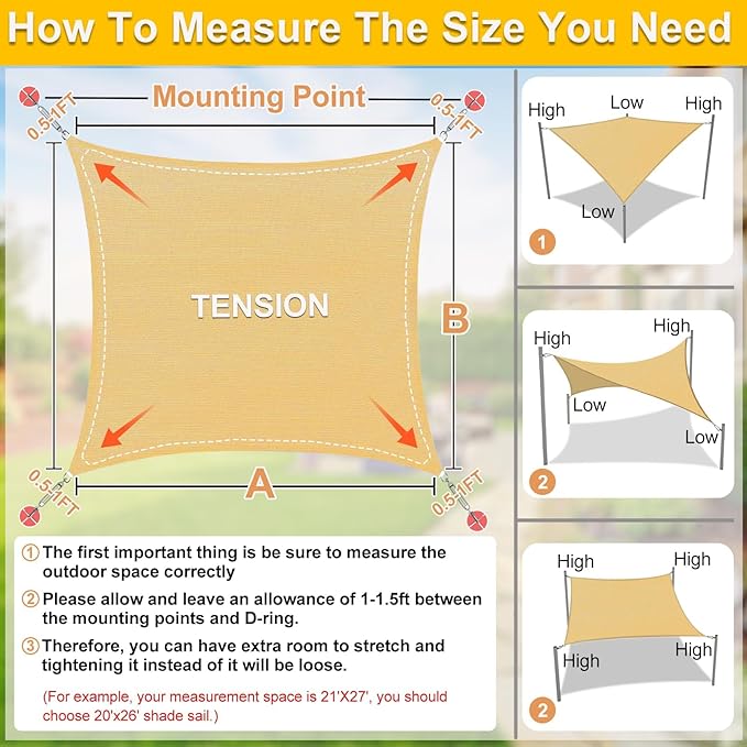 KANAGAWA Sun Shade Sail Curved 20'X26' Sand Rectangle Outdoor Shade Cover UV Blovk Canopy for Patio Garden Backyard Heavy Duty Permeable 185GSM (We Make Custom Size)