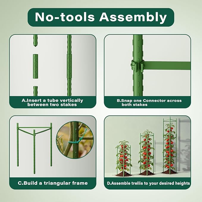 Halatool 63 Inch Tomato Cages, 4 Pack Adiustable Plant Cages Assembled Tomato Garden Cages Stakes Vegetable Support Trellis with 120 Feet Twist Tie, Snap-On for Vertical Climbing Plants