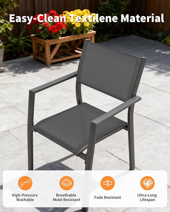 5 Pieces Outdoor Dining Set, Never-Rust Aluminum Expandable Patio Dining Table Set, 32"-65" Extendable Dining Table and Stackable Textilene Dining Chairs for Backyard, Deck, Indoor, Black