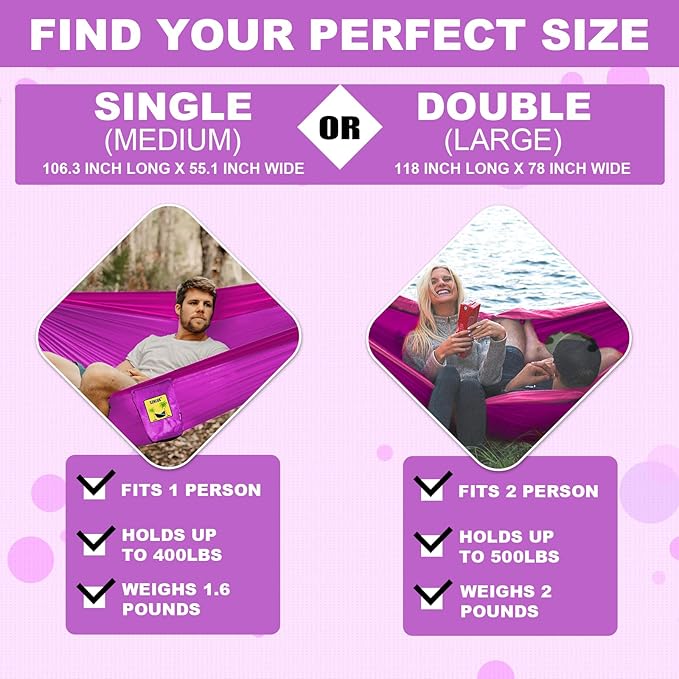 SZHLUX Camping Hammock Double & Single Portable Hammocks with 2 Tree Straps and Attached Carry Bag,Great for Outdoor,Indoor,Beach,Camping,Purple & Pink, Medium