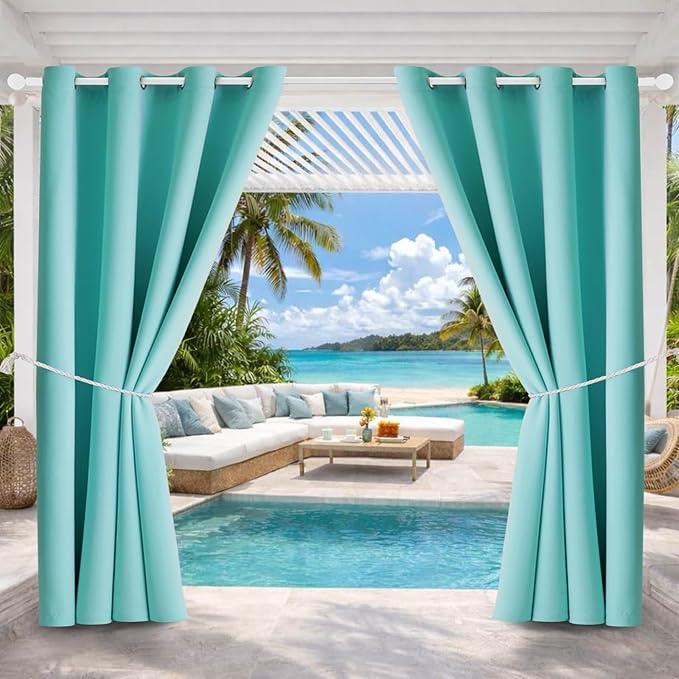 Waterproof Outdoor Curtain W52 x L63 - Grommet Top Sunlight Blocking Window Treatment Drapes Blackout Curtains for Home Bedroom Living Room Outdoor Patio Porch Pergola (Teal Blue, 2 Panels)