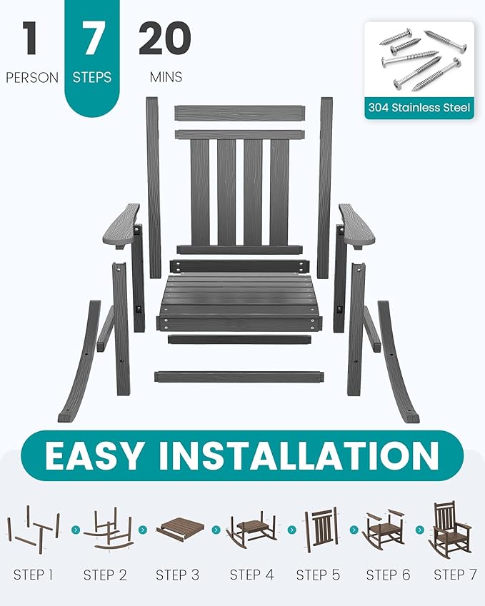 SERWALL Oversized Outdoor Rocking Chair Set of 2, HDPE Rocker for Adults, Patio Rocking Chairs for Porch, Grey