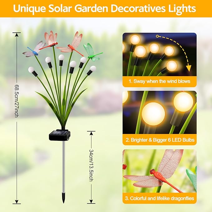Solar Garden Lights Outdoor - 8 Pack Dragonfly Solar Swaying Light, Sway by Wind, Firefly Lights Outdoor Yard Patio Pathway Decoration, Big Bulb, High Flexibility Iron Wire & Realistic Dragonflies