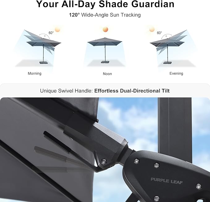 PURPLE LEAF 10 Feet Patio Umbrella with Base Outdoor Cantilever Solar Powered LED Swivel Square Umbrella Aluminum Offset Umbrella with 360-degree Rotation for Garden Deck Pool Patio Light Grey