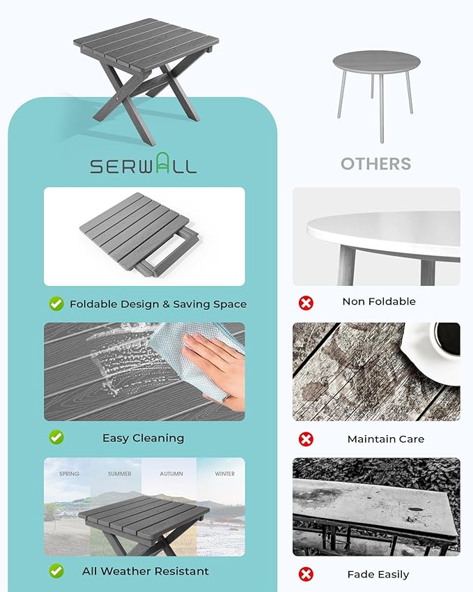 SERWALL Folding Outdoor Side Table Set of 6, Adirondack End Table, Gray
