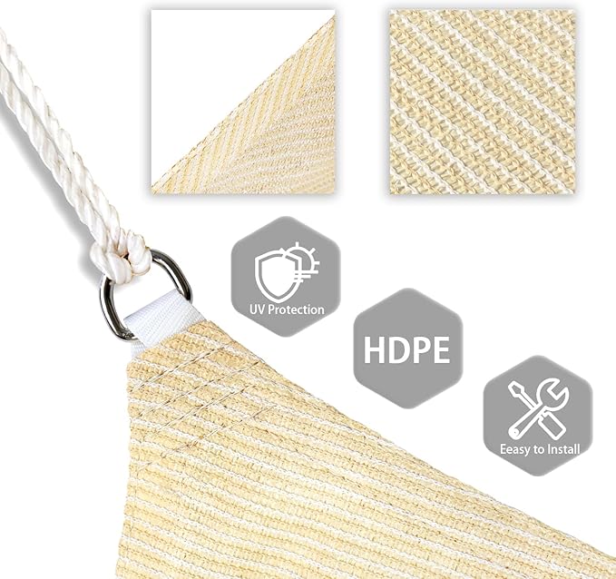 Patio Paradise 26' x 26' x 26' Sun Shade Sail Triangle Canopy Shade Cloth Fabric Sunlight Block Patio Pergola Cover HDPE Deck Awning for Outdoor Backyard Roof Shading, Beige