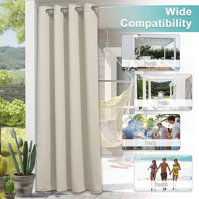 NICETOWN Outdoor Curtain for Patio Waterproof Window Treatment, Grommet Blackout Thermal Insulated Keep Warm in Winter & Cool in Summer Outdoor Drape for Pool/Yard, Beige, 1 Panel, W84 by L108