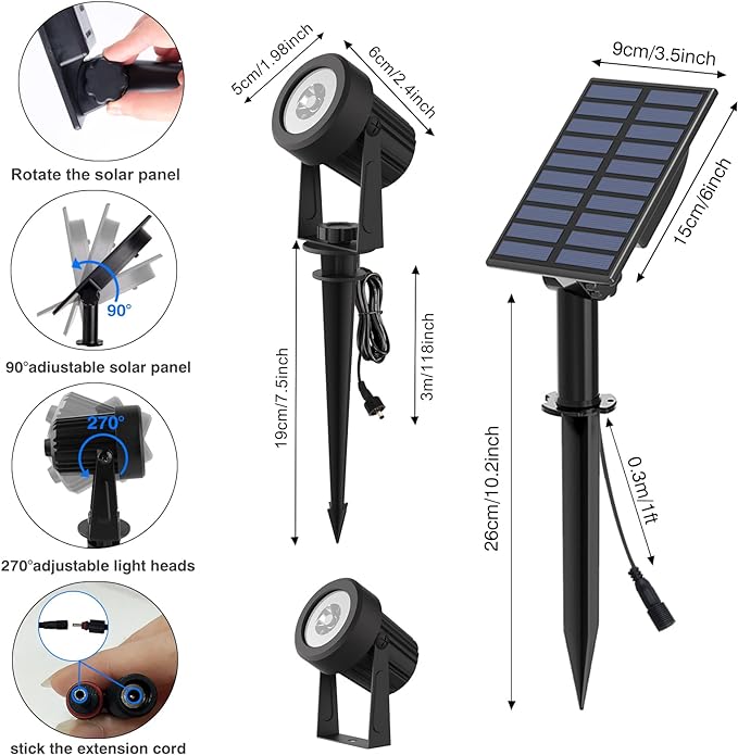 T-SUNUS Solar Garden Spot Lights, LED Solar Landscape Light Outdoor IP65 Waterproof 9.8ft Cable, Separated Solar Panel, Auto ON/Off for Garden, Driveway, Pathway, Pool Area (White 6000K)