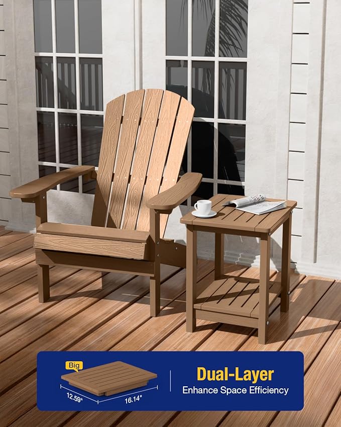 YEFU Outdoor Side Table for Patio: 16" HIPS Weather - Resistant Adirondack Tables - Waterproof Small Square End Tables for Backyard Pool Porch Balcony - Indoor Outdoor Double Layer Table Teak