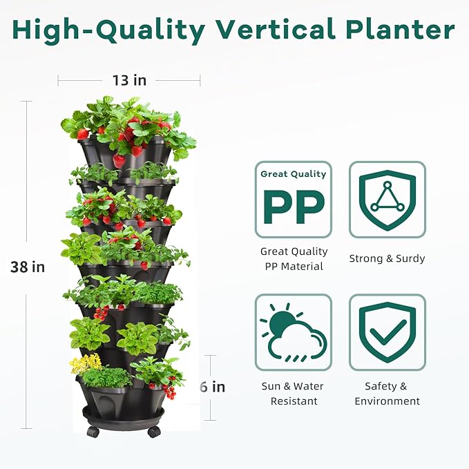 Strawberry Vertical Planters Tower Garden 3 Pack, 7 Tiered Stacking Herb Vegetable Planter with Support Pole Indoor and Outdoor - Black