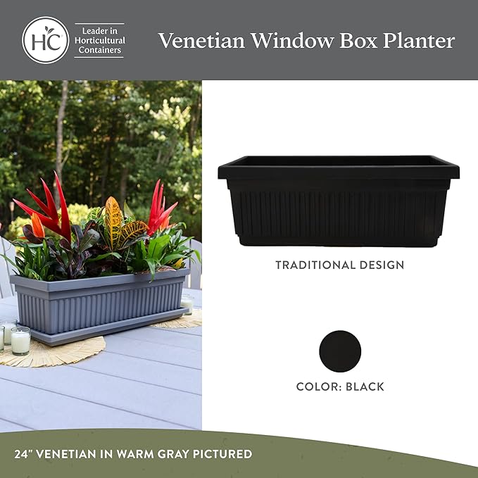 The HC Companies 17.5 Inch Venetian Rectangular Window Planter Box - Lightweight Plastic Indoor Outdoor Plant Pot with Drainage for Windowsill, Herbs, Flowers, Black