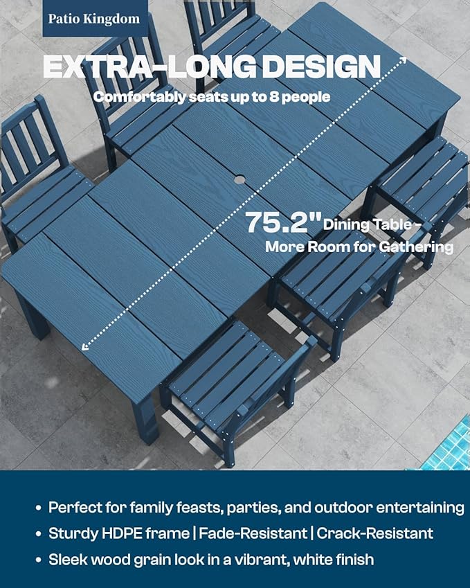 7-Piece Navy Blue Outdoor Dining Set with Beige 11FT Large Patio Umbrella, 75.2'' HDPE Table & Chairs for 6, Weather-Resistant Furniture with Umbrella Hole for Patio, Lawn, Poolside