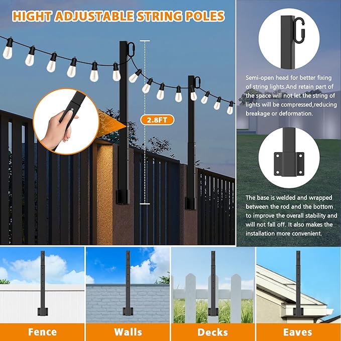 4 Pack String Light Poles,2.8 Ft Light Poles for Outside String Lights,Outdoor Lights Pole with Fork,Metal Poles Stand for Patio Deck Backyard