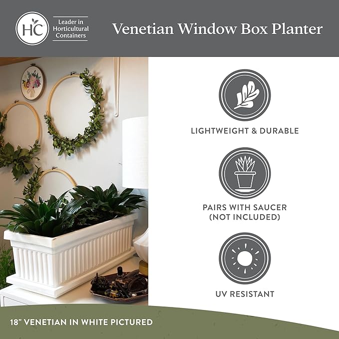 The HC Companies 18 Inch Venetian Window Planter Box with Drainage Plug, Lightweight UV-Resistant Plastic Indoor & Outdoor Planters, 2-Pack Flower Box for Garden & Home Decor, Sandstone