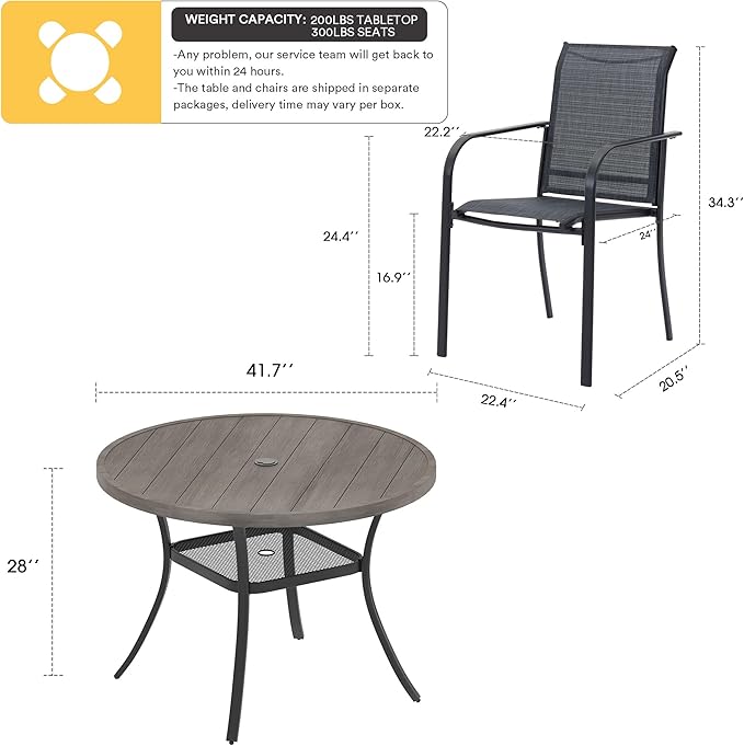 VICLLAX 5 Pieces Patio Dining Set, Outdoor Furniture Set Includes 41.2" Round Patio Table and 4 Patio Sling Chairs, Grey Wood-Like Tabletop and Dark Grey Fabric
