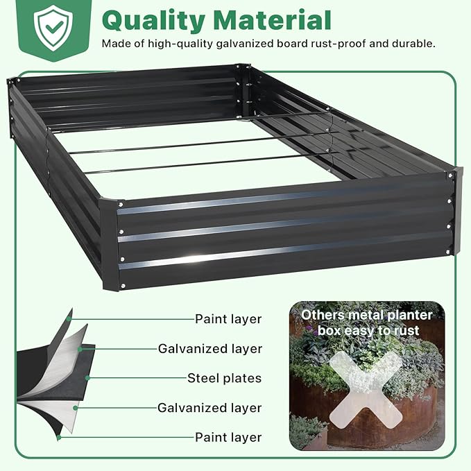 ONCEMORE Galvanized Raised Garden Bed for Vegetables Flowers Herbs, Metal Raised Garden Bed Kit with 2 PCS Tomato Cage, Gloves, Trellis Netting, Plant Labels, Plant Ties, Black 8×4×1FT