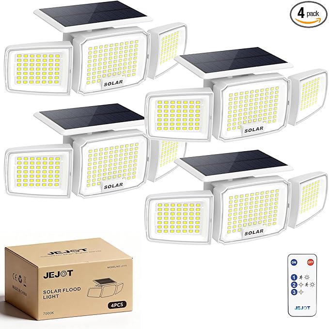 White Solar Security Light Outdoor Super Bright LED, Motion Sensor Solar Flood Light, 3 Heads 270° Wide Angle, Remote Control,IP65 Waterproof, 3 Modes (4 Packs)