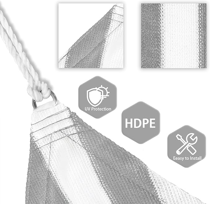 Patio Paradise 16' x 16' x 16' Sun Shade Sail Triangle Canopy Shade Cloth Fabric Sunlight Block Patio Pergola Cover HDPE Deck Awning for Outdoor Backyard Roof Shading, Gray White Strip