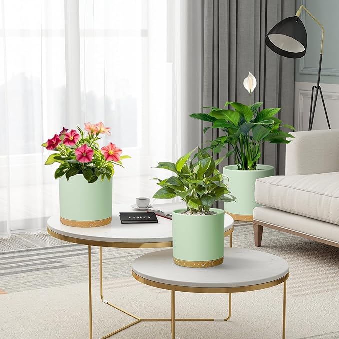 8/7/6 inch Plant Pots, 3 Pack Cylinder Flower Pots for Outdoor Indoor Plants, Decorative Plastic Planters with Drainage Holes and Saucers for Garden House Plants, Green with Brown