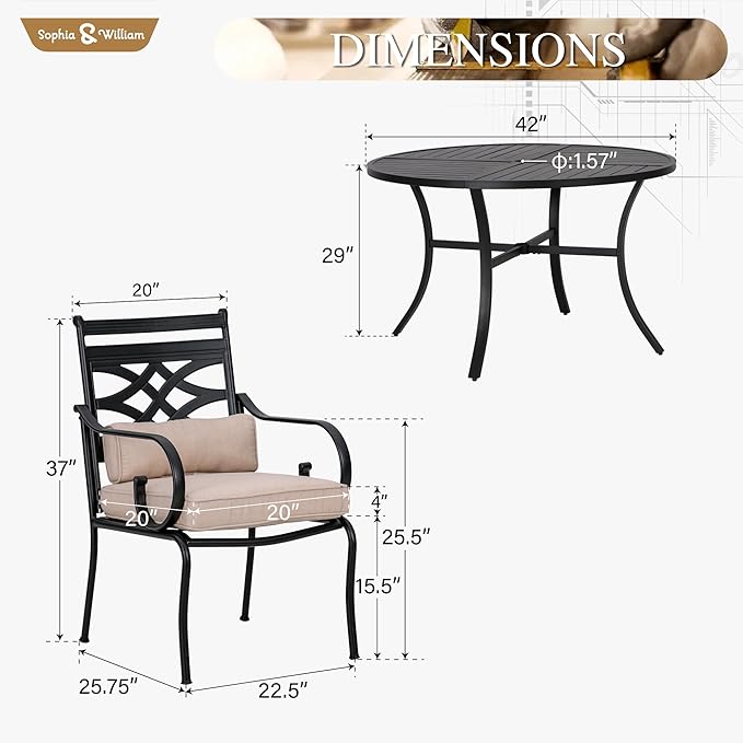 Sophia and William Outdoor Patio Dining Set for 4, Outdoor Table and Chairs, Removable Seat Cushions, Black 42" Round Patio Dining Table