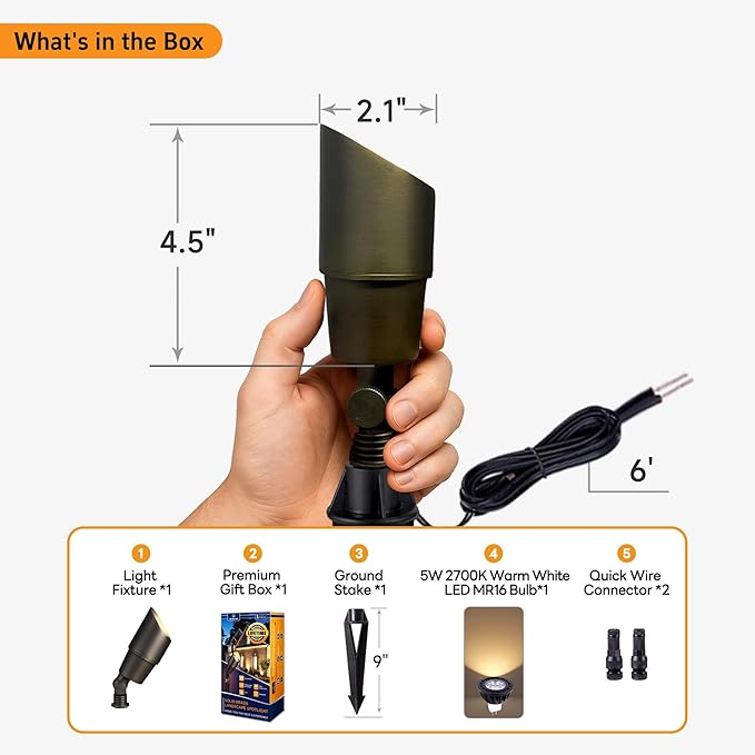 Gardenreet Landscape Spotlights Low Voltage - Brass Outdoor Uplight LED 12V, Wired Spot Lights IP65 Waterproof, Antique Bronze for Exterior Garden Yard Tree House with 5W 2700K Warm White MR16 Bulb