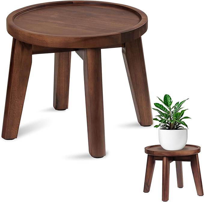 Demigo Indoor Plant Stand, Acacia Wooden Decorative Plant Shelf with Spill-Proof Tray, Stable 8” Tall Flower Holder for Heavy Pots, Gardening Display for Decor Living Room Patio - Dark Brown