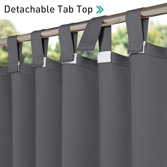 NICETOWN 2 Panels Patio Curtains Outdoor Waterproof 84 Long, Detachable Sticky Tab Top Heavy Weight Blackout Sunblock Window Treatment, Keep Privacy for Gazebo/Dock, W52 x L84, Grey