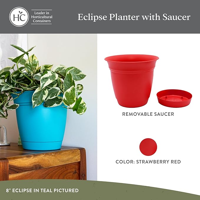 The HC Companies 10 Inch Eclipse Round Planter Pots with Drainage Holes & Attached Saucer, Lightweight UV-Resistant Plastic Indoor & Outdoor Planters, 2-Pack Flower Pots for Garden & Home Decor, Red