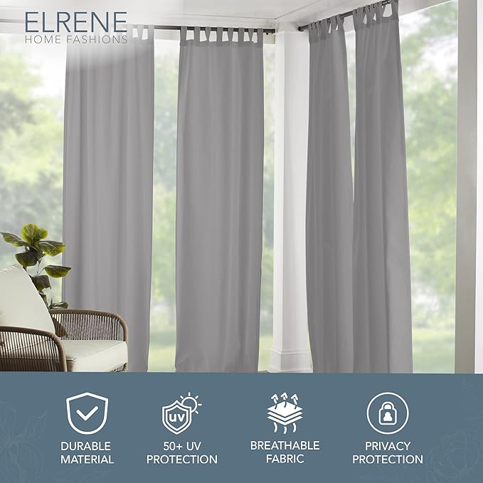Elrene Home Fashions Matine Weatherproof Tab-Top Indoor/Outdoor Solid Color Curtain Panel for Porch, Pergola, Patio, Deck, 52”W x 95”L, Gray