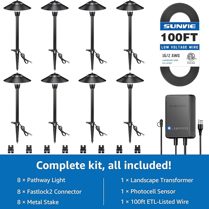SUNVIE All-in-One LED Pathway Lighting Kit, 8-Pack Low Voltage Landscape Lights with Transformer and 100FT 16/2 AWG Wire, 3000K Waterproof Landscape Lighting with Connectors for Walkway Garden Yard