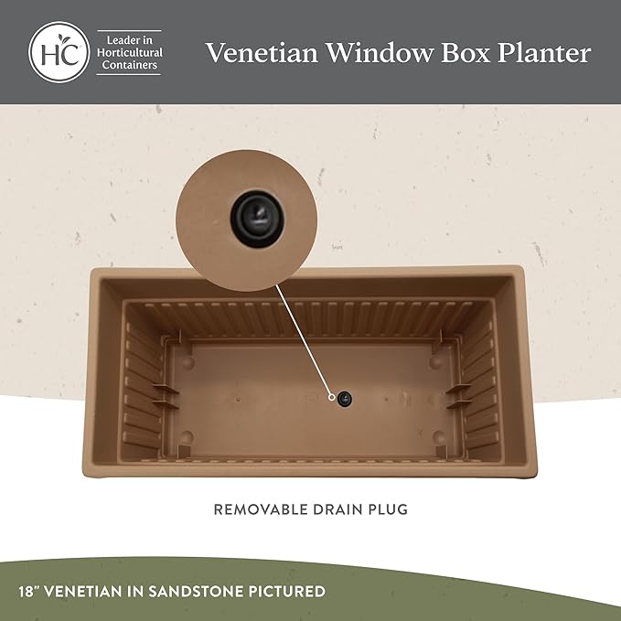 The HC Companies 18 Inch Venetian Window Planter Box with Drainage Plug, Lightweight UV-Resistant Plastic Indoor & Outdoor Planters, 2-Pack Flower Box for Garden & Home Decor, Warm Gray