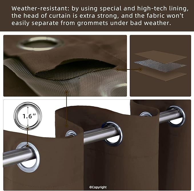 Outdoor Patio Curtain Waterproof Darkening Thermal Insulated Indoor Curtains for Bedroom, Porch, Living Room, Pergola, Cabana, W105 x L120 Extra Wide Room Divider, Set of 2 Panels, Brown