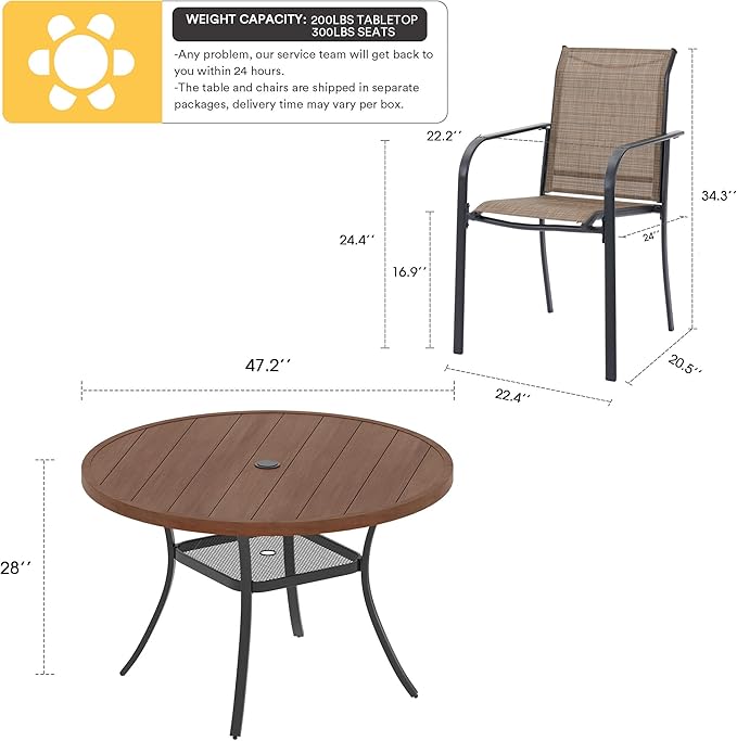 VICLLAX Patio Dining Set for 6, Outdoor Furniture Set Includes 47.2" Round Patio Table and 6 Patio Sling Chairs, Walnut Tabletop and Brown Fabric