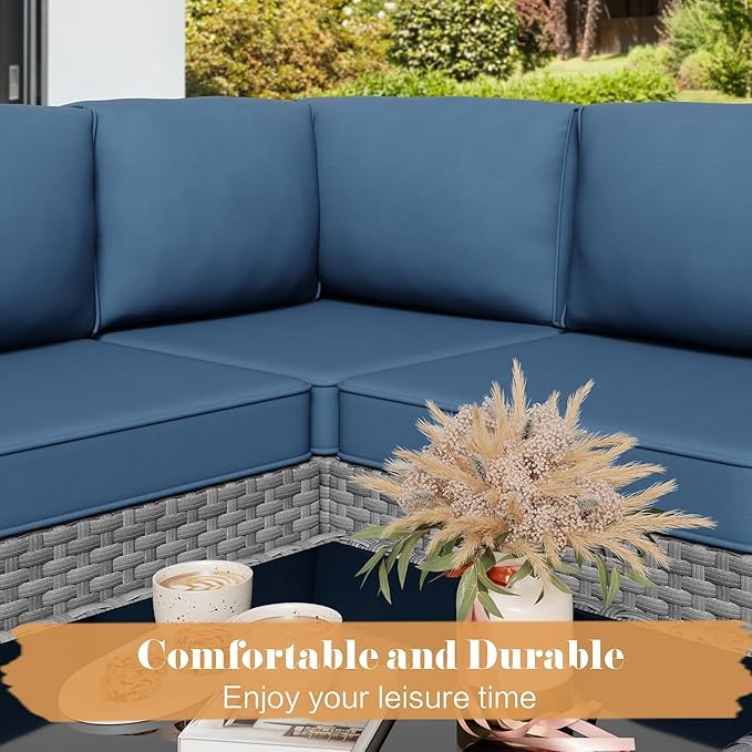JAMFLY Patio Furniture Sets, 5-Piece Outdoor Patio Furniture with Thick Cushions, Wicker Outdoor Conversation Set Sectional Sofa for Backyard, Poolside, Garden, Aegean Blue