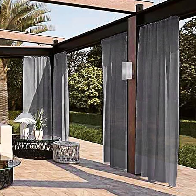 SpaceDresser Waterproof Outdoor Sheer Curtains for Patio - 2 Panels Rod Pocket Indoor Voile Sheer Curtain for Living Room,52W x 108L inch, Grey