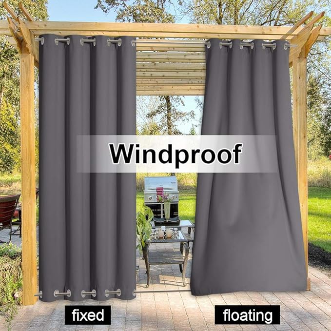 NICETOWN Outdoor Curtain Waterproof Extra Long 108" for Patio, Windproof Energy Saving Top and Bottom Stainless Steel Grommets Blackout Outdoor Drape for Porch, 1 Piece, 84" Wide, Grey
