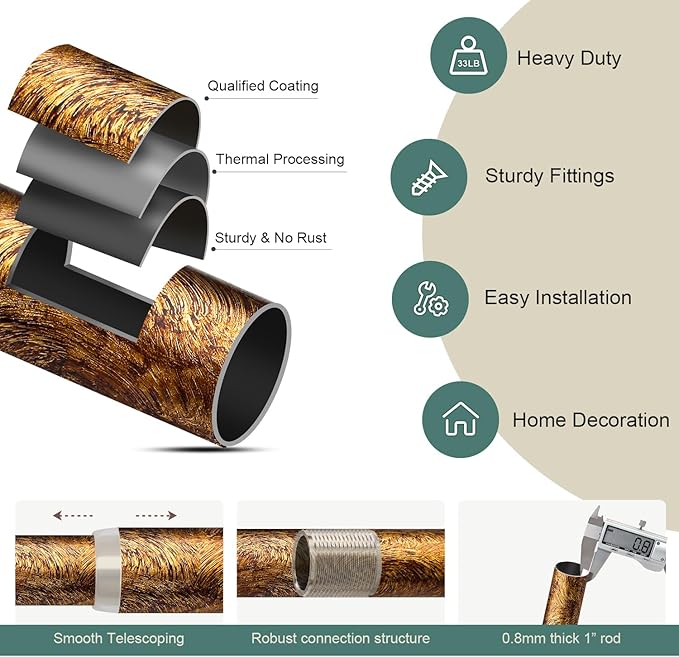 Retro Gold Curtain Rods for Windows 48 to 84 Inches Adjustable Length Heavy Duty 1" Diameter Window Curtain Rod with Decorative Finials for Outdoor Bedroom Kitchen Living Room Farmhouse