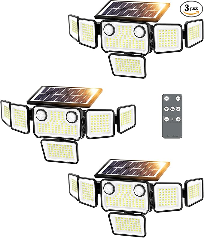 6000LM Solar Lights Outdoor Waterproof, 6 Heads Solar Flood Lights Outdoor with 2 Motion Sensor, 310 LED Motion Light with Remote Control for Yard Outside House Patio 3 Pack