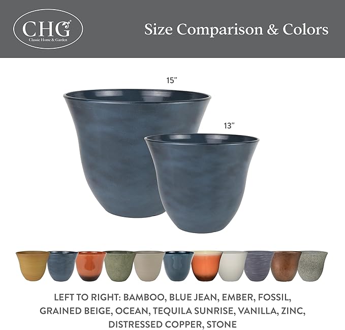 Classic Home and Garden Honeysuckle Resin Planters - Lightweight Indoor & Outdoor Plant Pots - UV-Resistant Plastic Flower Pots - Pot Planters for Flowers & Herbs (15" Grained Beige)