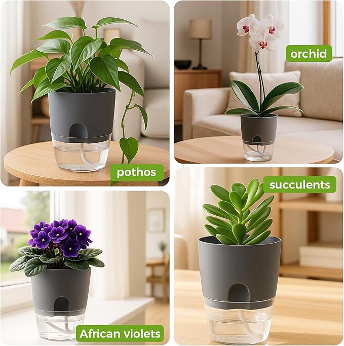 12 Pack Self Watering Pots for Indoor Plants, PlanterHoma 3.2 Inch Plant Pot Plastic Self Watering Planter for Orchid, African Violet, Mini Clear Flower Pots with Drainage Holes and Wicking Rope, Grey