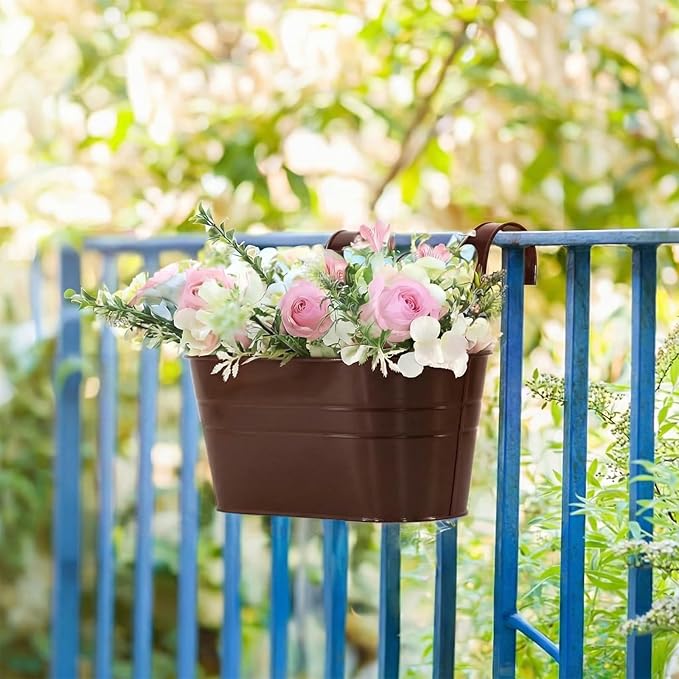 3 Pack Metal Railing Planters, 10.5" Oval Hanging Flower Pots with Detachable Hooks & Drainage Holes, Fits Rails up to 2.36", Galvanized Iron Fence Bucket for Balcony Garden Patio - Chocolate