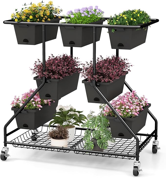 Giantex Rolling Raised Garden Bed w/ 7 Planter Boxes, Storage Baskets, Drainage Holes, 4 Lockable Casters, 3-Tier Freestanding Elevated Planter for Strawberry Vegetable Flower Herb