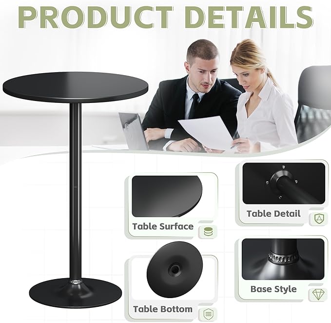 Flamaker Round Bistro Pub Table Modern Style Metal Base MDF Top Cocktail Bar Table Counter Bar Height for Pub, Dining Room, Party (2, Full Black)