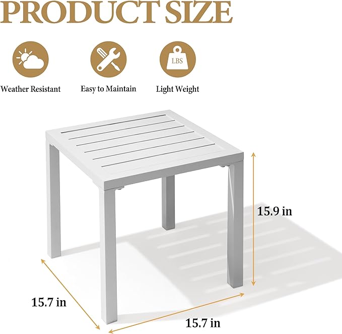 Crestlive Products Aluminum Outdoor Side Table, Pool Lounge Chair Side Table, Weather Resistant Small Square Coffee End Table for Patio, Yard, Garden, Porch, Deck, Indoor, Outdoor (White)