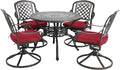 Cast Aluminum Outdoor Patio Dining Set, All Weather Outdoor Furniture Dining Set for Patio, Balcony, Lawn, Garden, Backyard (1 Round Table+4 Red Swivel Dining Chairs)
