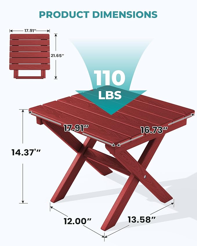 SERWALL Folding Outdoor Side Table Set of 4, Small Adirondack Side Table, Red